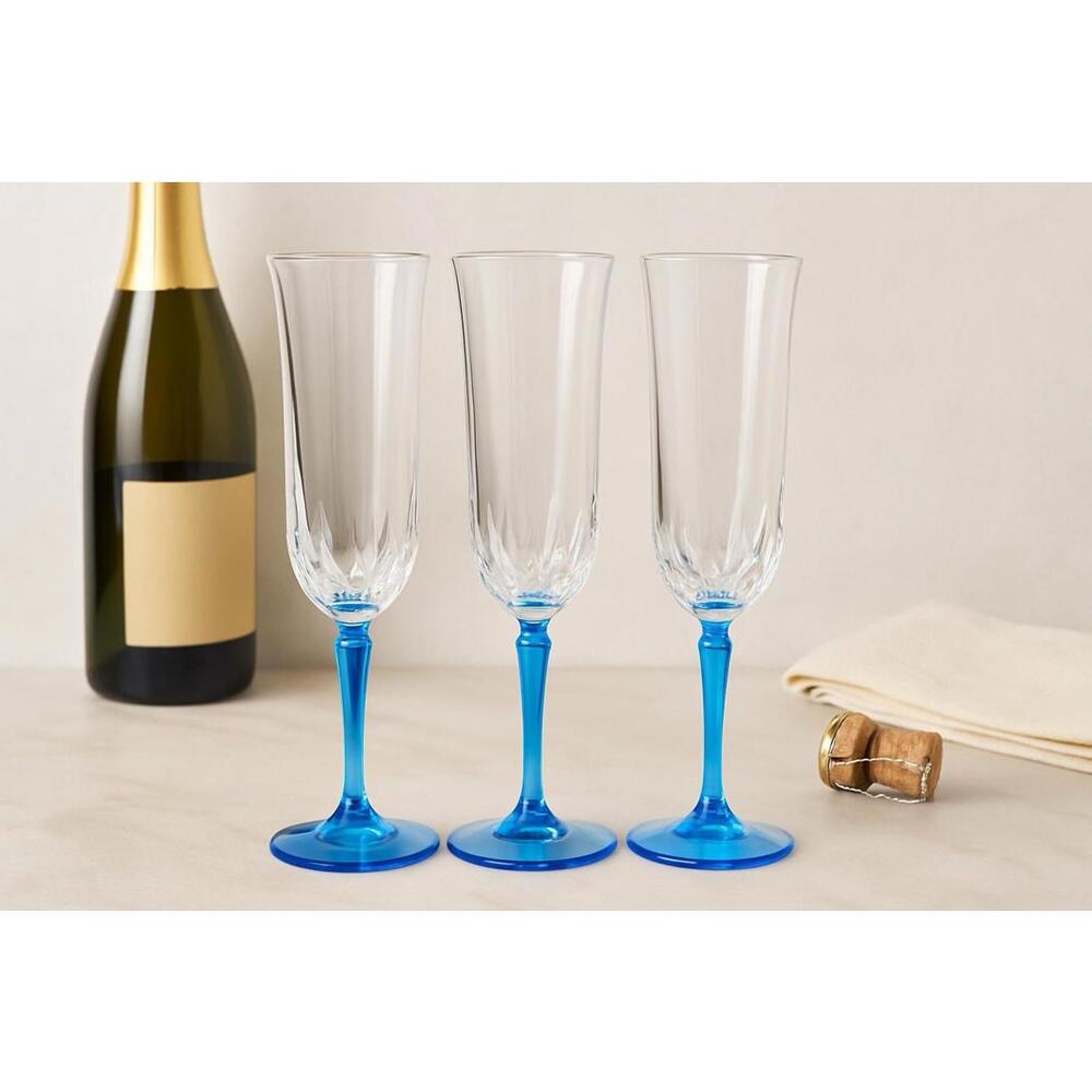 St. George USA 1980s 3 Cut Glass Aquamarine Stem Champagne Flutes, 8.5x2.25”